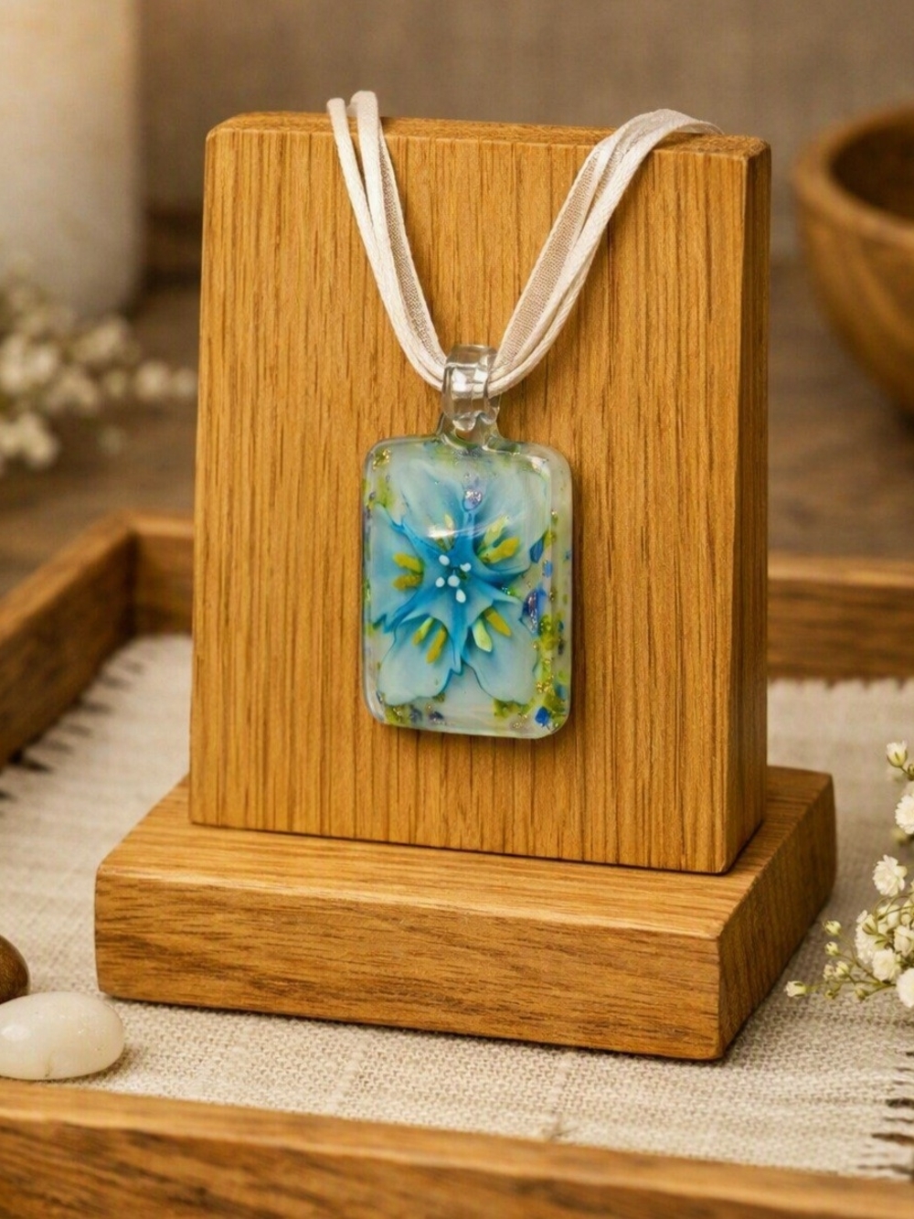 Lampwork Vintage Blue Floral Glass Pendant Necklace Womens Jewelry